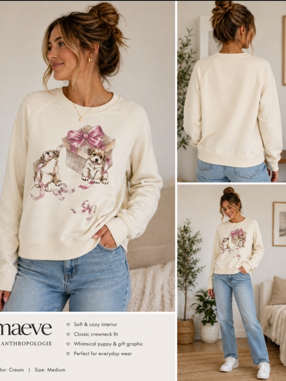 Maeve Anthropologie Sweatshirt Medium Cream Puppy Graphic Bow Gift Cozy